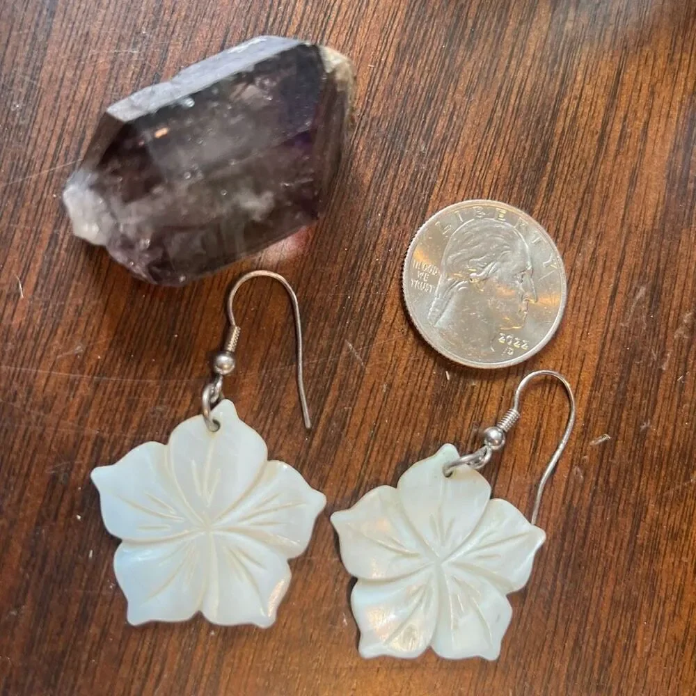 Ivory Shell Carved Hibiscus Drop Earrings